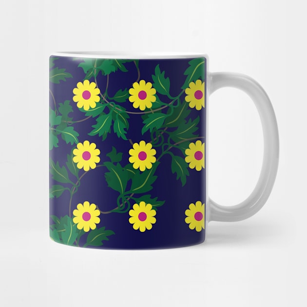 Yellow daisies with Cerise centres over layers of vine leaves on a Navy Blue background by sleepingdogprod